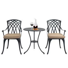 3 Piece Bistro Table Set Cast Aluminum Outdoor Patio Furniture with Umbrella Hole and Grey Cushions for Patio Balcony, Black