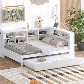 Wooden Full Size DayBed with Twin Size Trundle, DayBed with Storage Shelf and USB Charging Ports,White